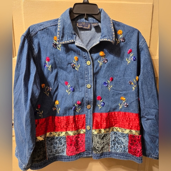 Life Style Mixed Media Embroidered Floral Denim Button Up Light Weight Coat - Picture 1 of 6